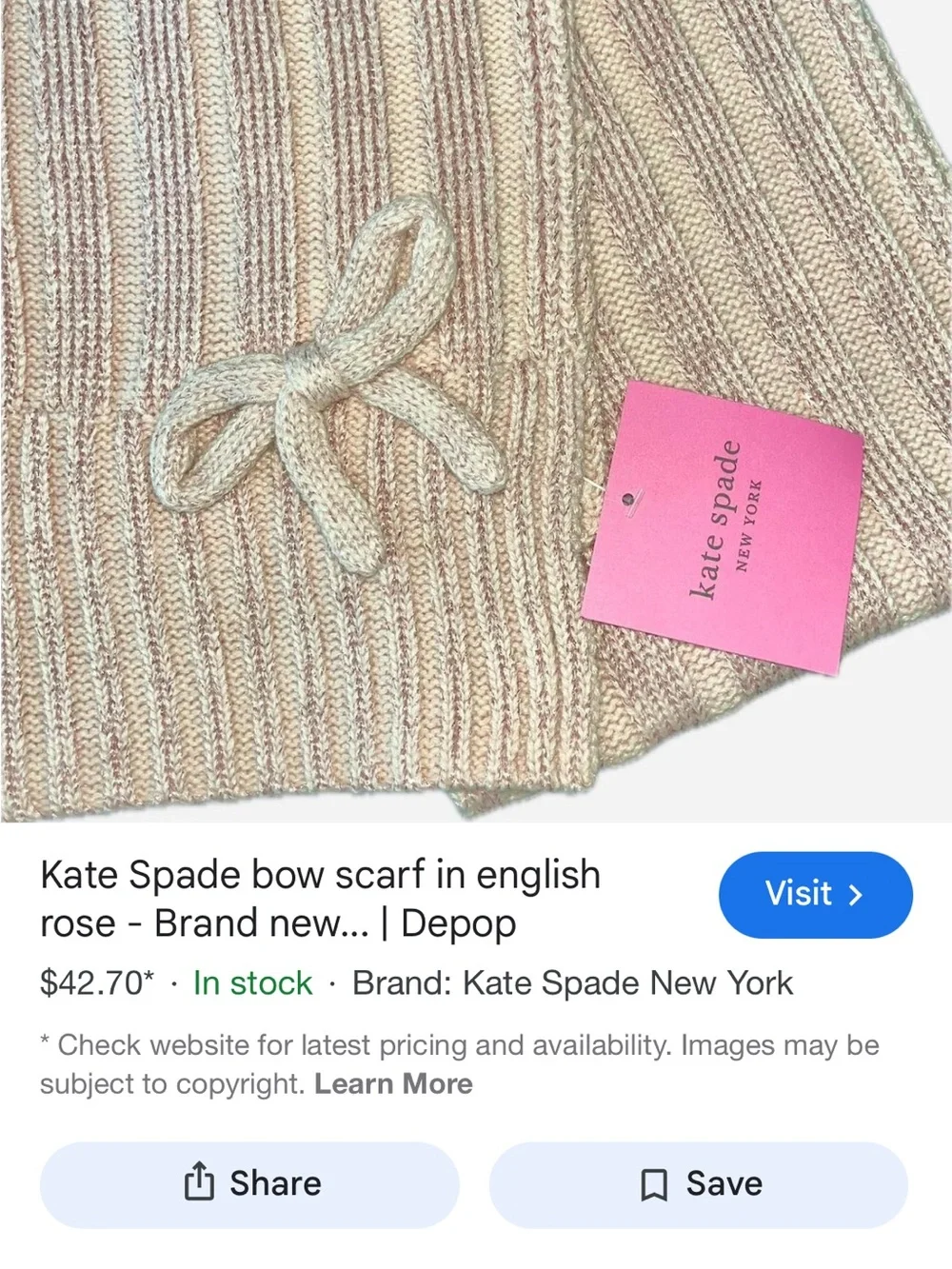 kate spade Pink Ribbed Knit Scarf with Bow Accent